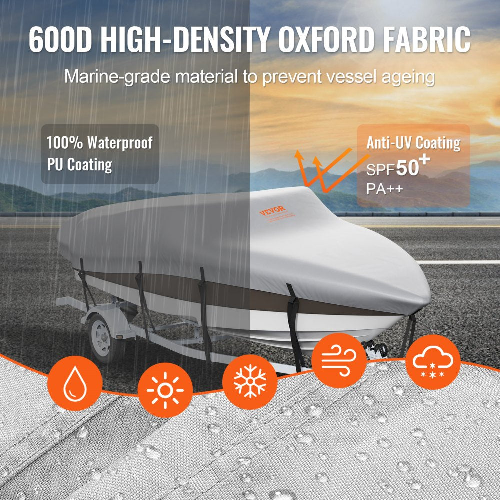 Boat Cover, 17`-19` Trailerable Waterproof Boat Cover, 600D Marine Grade PU Oxford, with Motor Cover and Buckle Straps, for V-Hull, Tri-Hull, Runabout, Bass Boat, Fish Ski Boat, Grey