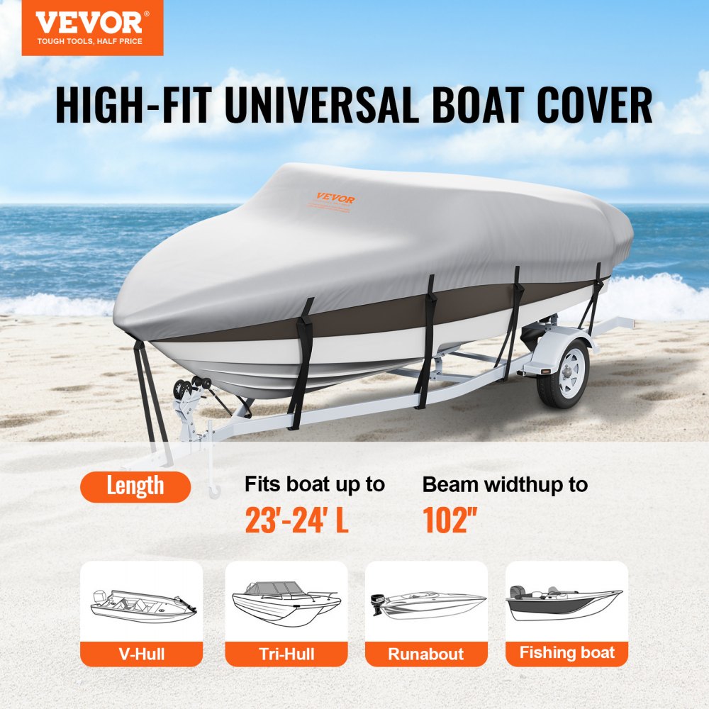 Boat Cover, 23`-24` Trailerable Waterproof Boat Cover, 600D Marine Grade PU Oxford, with Motor Cover and Buckle Straps, for V-Hull, Tri-Hull, Fish Ski Boat, Runabout, Bass Boat, Grey