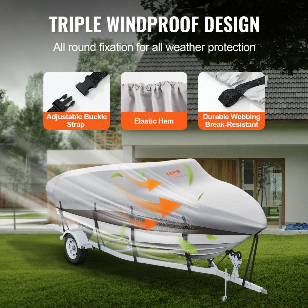 Boat Cover, 23`-24` Trailerable Waterproof Boat Cover, 600D Marine Grade PU Oxford, with Motor Cover and Buckle Straps, for V-Hull, Tri-Hull, Fish Ski Boat, Runabout, Bass Boat, Grey