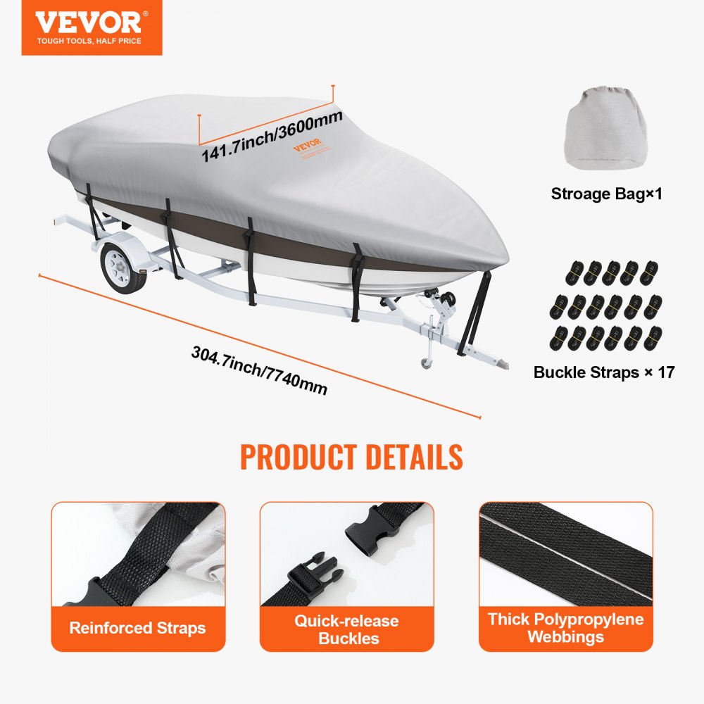 Boat Cover, 23`-24` Trailerable Waterproof Boat Cover, 600D Marine Grade PU Oxford, with Motor Cover and Buckle Straps, for V-Hull, Tri-Hull, Fish Ski Boat, Runabout, Bass Boat, Grey