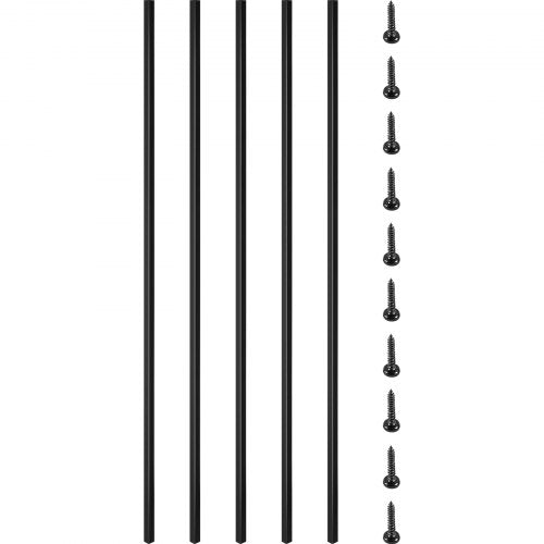 16 black iron deck balusters, each 44 inches tall and 0.5 inches square, with included screws.