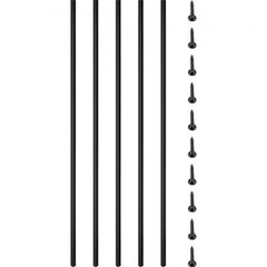 16 black iron deck balusters, each 44 inches tall and 0.5 inches square, with included screws.