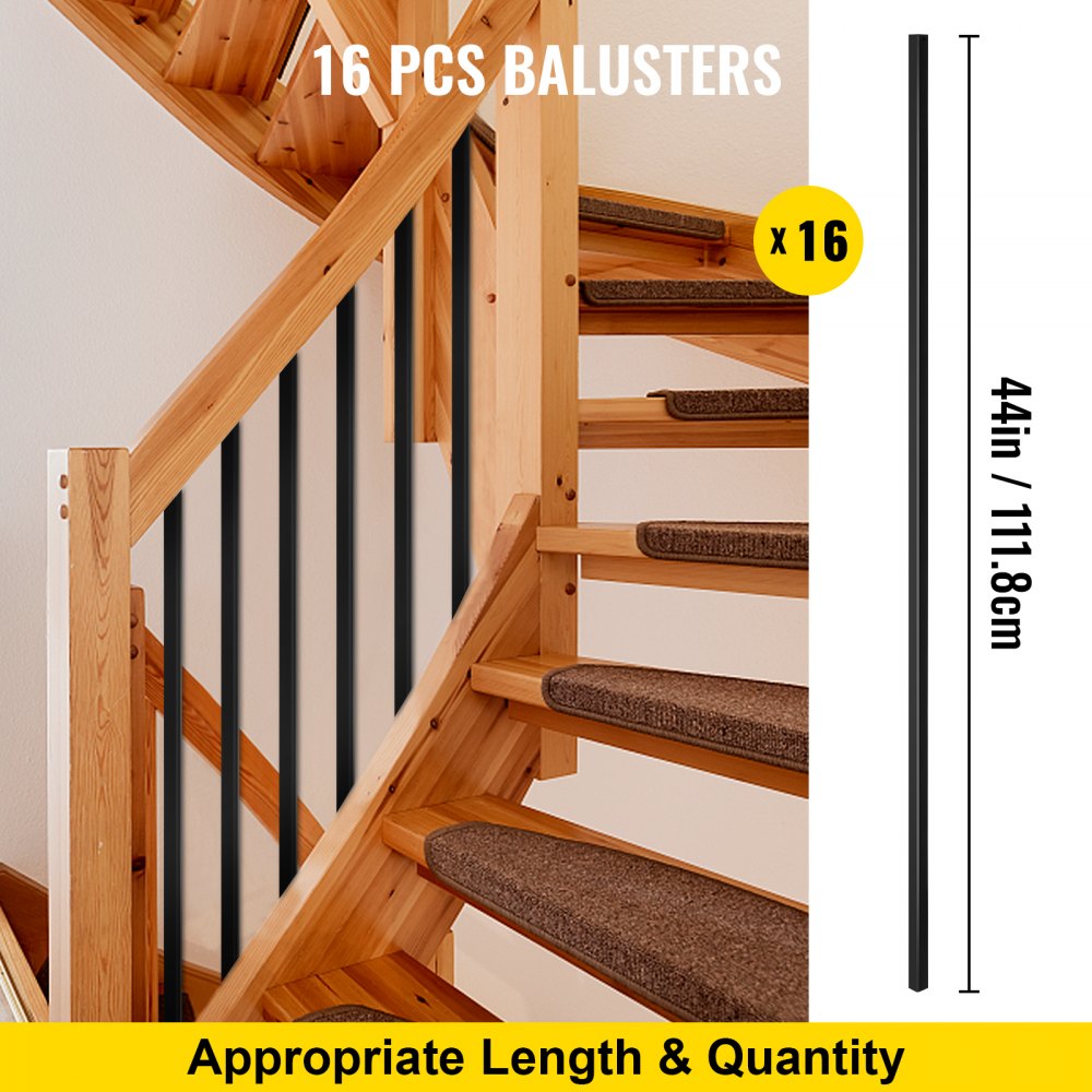 16 black iron deck balusters, each 44 inches long and 0.5 inches square, shown installed on a wooden railing.