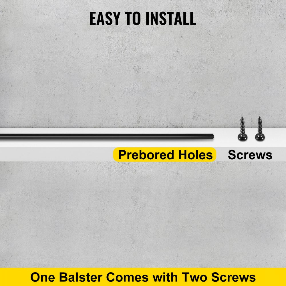 Black iron deck baluster with prebored holes and two included screws for easy installation.