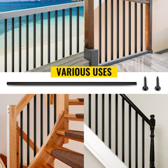 16 black iron deck balusters, 44 inches tall and 0.5 inches square, shown installed on decks and stairs.