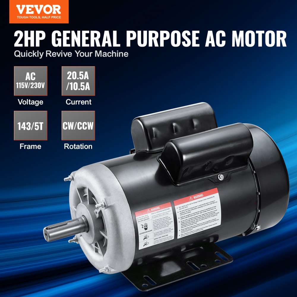 2HP Electric Motor 1725 rpm, AC 115V/230V, 143/5T Frame, Air Compressor Motor Single Phase, 7/8" Keyed Shaft, CW/CCW Rotation for Agricultural Machinery and General Equipment