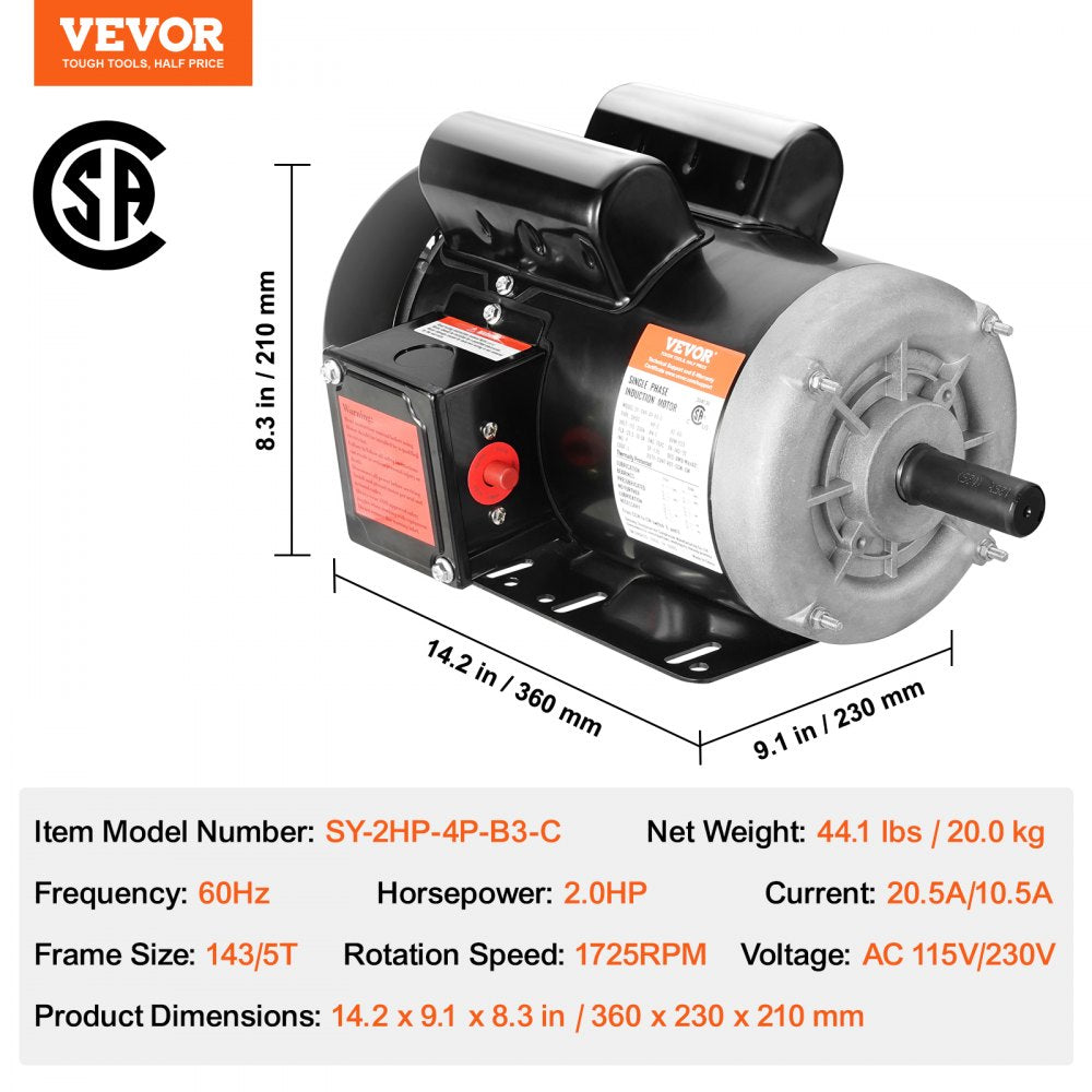 2HP Electric Motor 1725 rpm, AC 115V/230V, 143/5T Frame, Air Compressor Motor Single Phase, 7/8" Keyed Shaft, CW/CCW Rotation for Agricultural Machinery and General Equipment