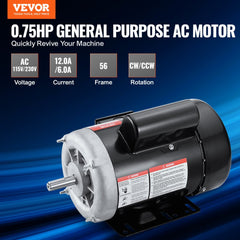 0.75HP Electric Motor 1725 rpm, AC 115V/230V, 56 Frame, Air Compressor Motor Single Phase, 5/8" Keyed Shaft, CW/CCW Rotation for Agricultural Machinery and General Equipment