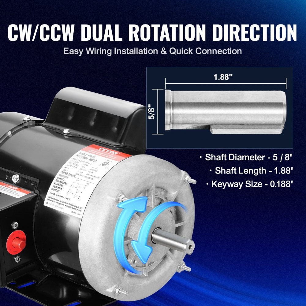 0.75HP Electric Motor 1725 rpm, AC 115V/230V, 56 Frame, Air Compressor Motor Single Phase, 5/8" Keyed Shaft, CW/CCW Rotation for Agricultural Machinery and General Equipment