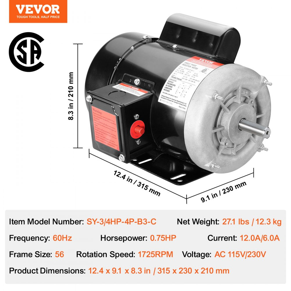0.75HP Electric Motor 1725 rpm, AC 115V/230V, 56 Frame, Air Compressor Motor Single Phase, 5/8" Keyed Shaft, CW/CCW Rotation for Agricultural Machinery and General Equipment