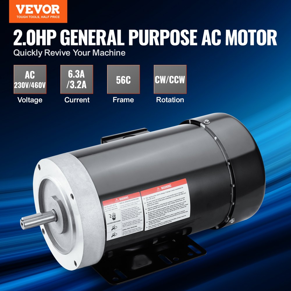 2HP Electric Motor 3450 rpm, AC 230V/460V, 56C Frame, Air Compressor Motor 3-Phase, 5/8" Keyed Shaft, CW/CCW Rotation for Agricultural Machinery and General Equipment
