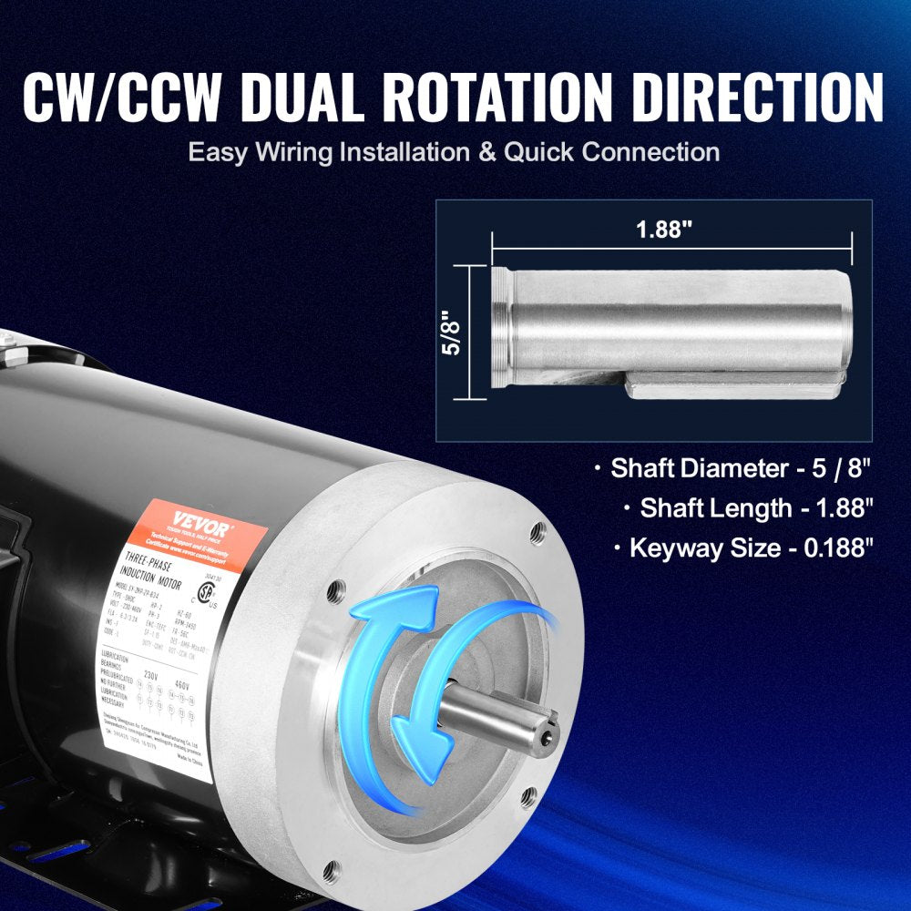 2HP Electric Motor 3450 rpm, AC 230V/460V, 56C Frame, Air Compressor Motor 3-Phase, 5/8" Keyed Shaft, CW/CCW Rotation for Agricultural Machinery and General Equipment