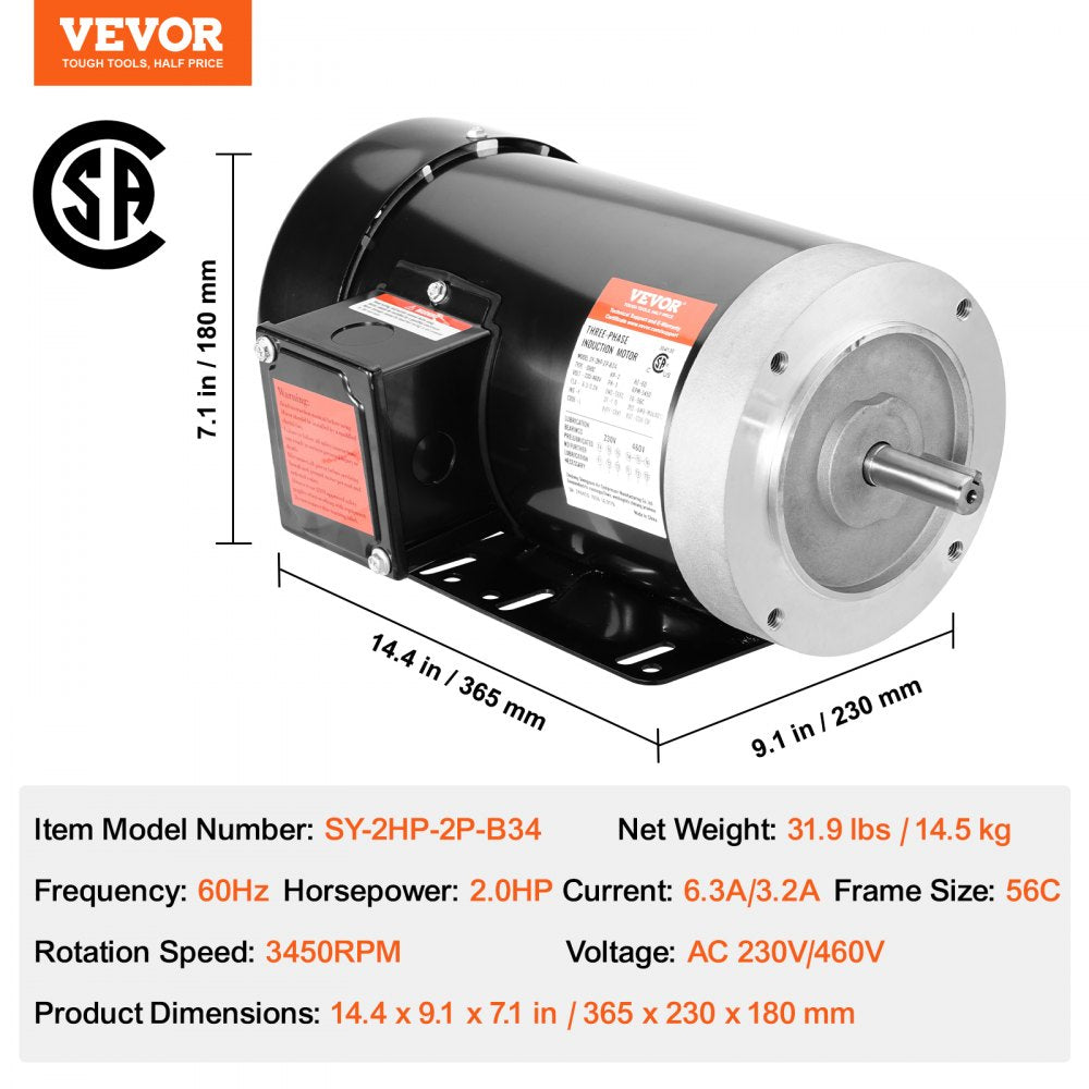 2HP Electric Motor 3450 rpm, AC 230V/460V, 56C Frame, Air Compressor Motor 3-Phase, 5/8" Keyed Shaft, CW/CCW Rotation for Agricultural Machinery and General Equipment