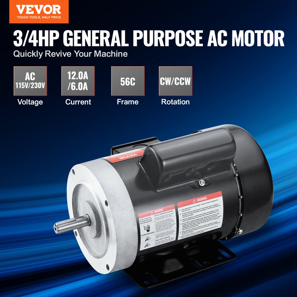 0.75HP Electric Motor 1725 rpm, AC 115V/230V, 56C Frame, Air Compressor Motor Single Phase, 5/8" Keyed Shaft, CW/CCW Rotation for Agricultural Machinery and General Equipment