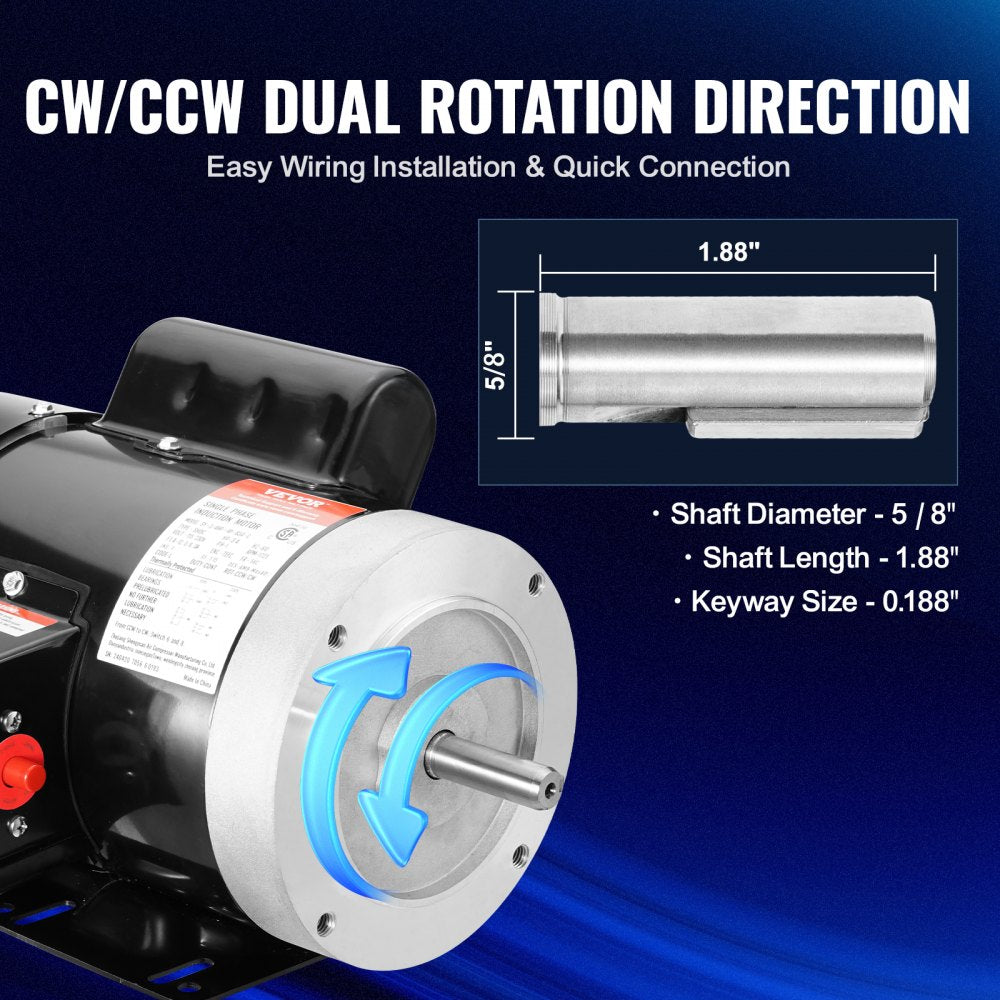 0.75HP Electric Motor 1725 rpm, AC 115V/230V, 56C Frame, Air Compressor Motor Single Phase, 5/8" Keyed Shaft, CW/CCW Rotation for Agricultural Machinery and General Equipment
