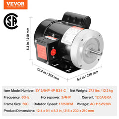 0.75HP Electric Motor 1725 rpm, AC 115V/230V, 56C Frame, Air Compressor Motor Single Phase, 5/8" Keyed Shaft, CW/CCW Rotation for Agricultural Machinery and General Equipment
