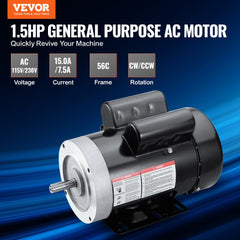 1.5HP Electric Motor 1725 rpm, AC 115V/230V, 56C Frame, Air Compressor Motor Single Phase, 5/8" Keyed Shaft, CW/CCW Rotation for Agricultural Machinery and General Equipment