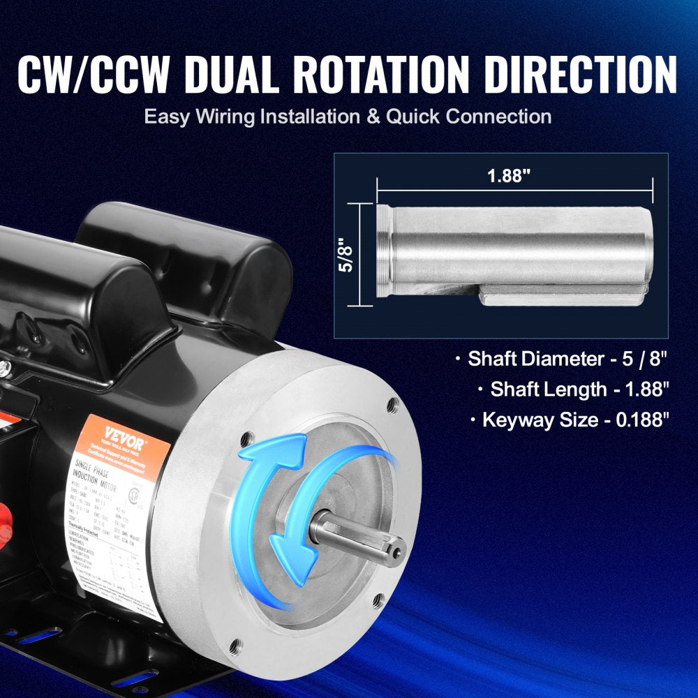 1.5HP Electric Motor 1725 rpm, AC 115V/230V, 56C Frame, Air Compressor Motor Single Phase, 5/8" Keyed Shaft, CW/CCW Rotation for Agricultural Machinery and General Equipment