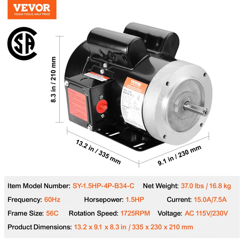 1.5HP Electric Motor 1725 rpm, AC 115V/230V, 56C Frame, Air Compressor Motor Single Phase, 5/8" Keyed Shaft, CW/CCW Rotation for Agricultural Machinery and General Equipment