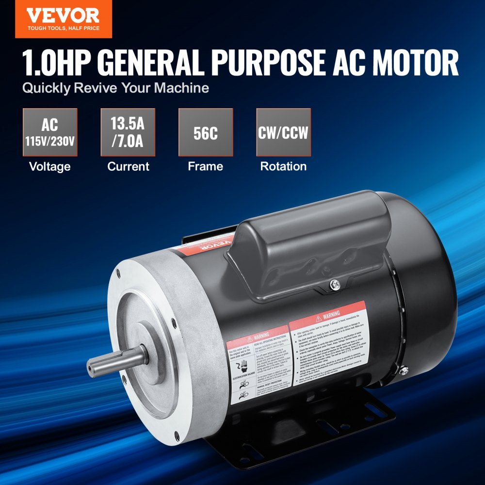 Bostome 1HP air compressor motor with 3450 RPM, 56C frame, and dual rotation capability.