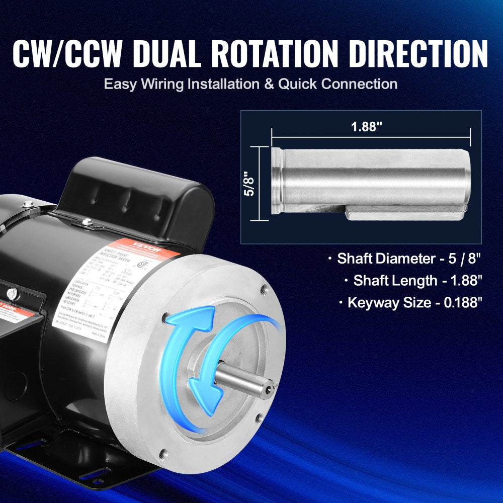Bostome 1HP air compressor motor with 3450 RPM, 56C frame, and dual rotation capability.