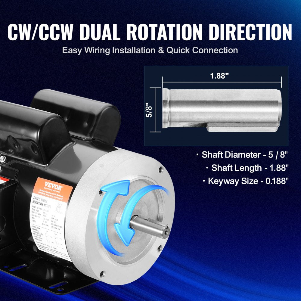 1.5HP Electric Motor 3450 rpm, AC 115V/230V, 56C Frame, Air Compressor Motor Single Phase, 5/8" Keyed Shaft, CW/CCW Rotation for Agricultural Machinery and General Equipment