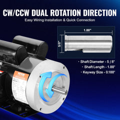 1.5HP Electric Motor 3450 rpm, AC 115V/230V, 56C Frame, Air Compressor Motor Single Phase, 5/8" Keyed Shaft, CW/CCW Rotation for Agricultural Machinery and General Equipment