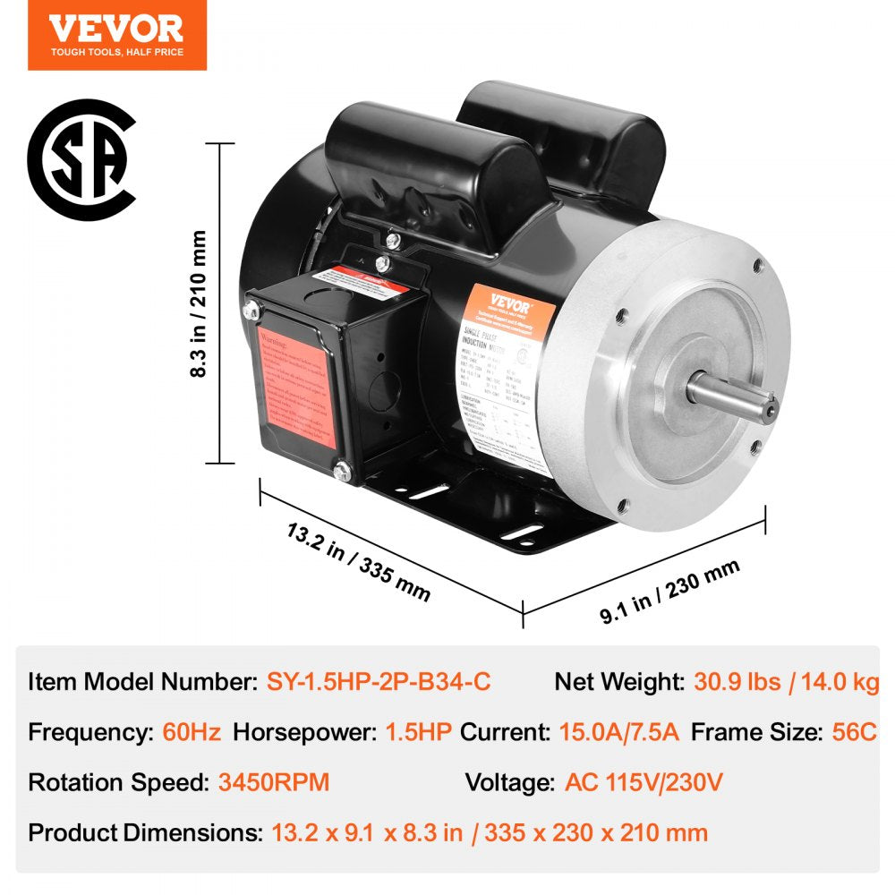 1.5HP Electric Motor 3450 rpm, AC 115V/230V, 56C Frame, Air Compressor Motor Single Phase, 5/8" Keyed Shaft, CW/CCW Rotation for Agricultural Machinery and General Equipment