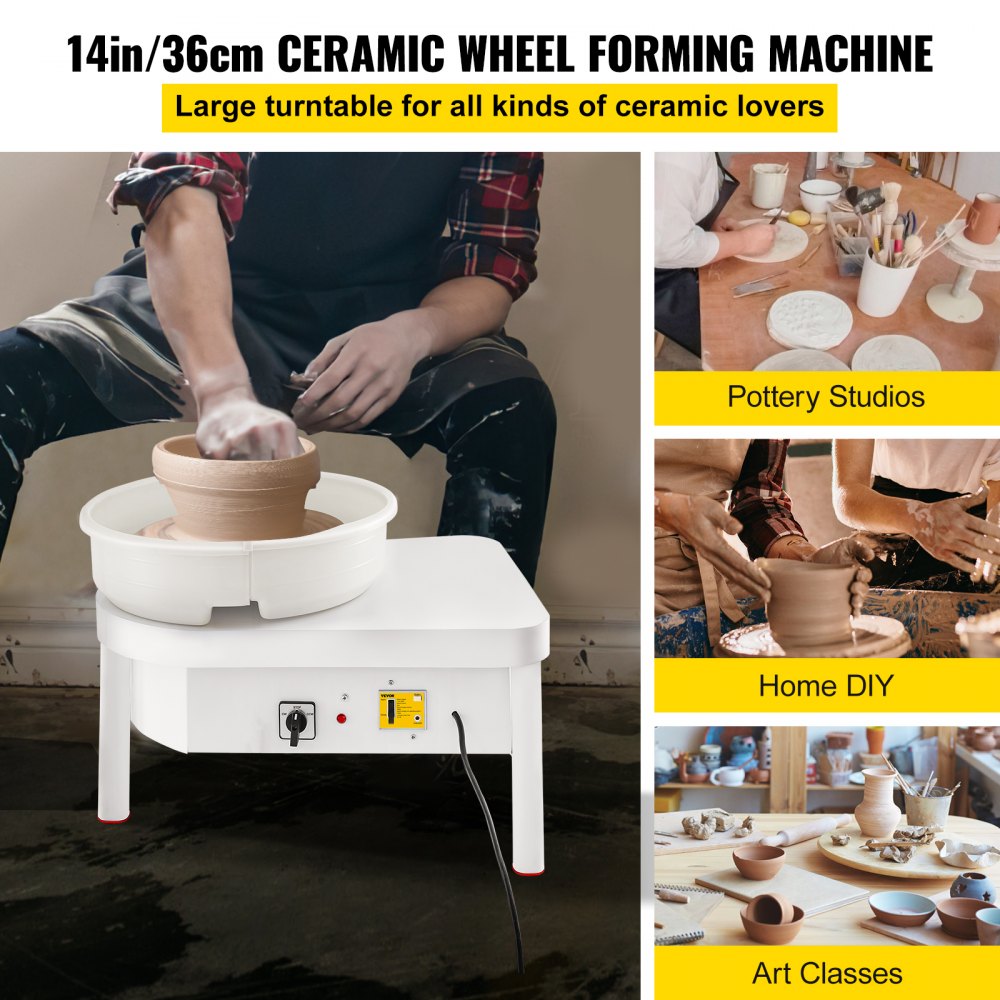 14-inch electric pottery wheel with foot pedal, shown in use shaping clay on a turntable.