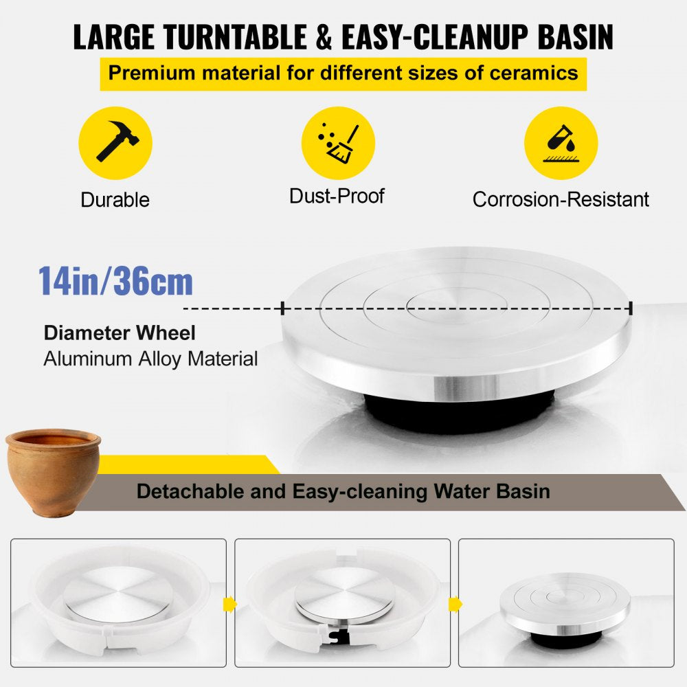 14-inch electric pottery wheel with aluminum alloy turntable, detachable water basin, and foot pedal.