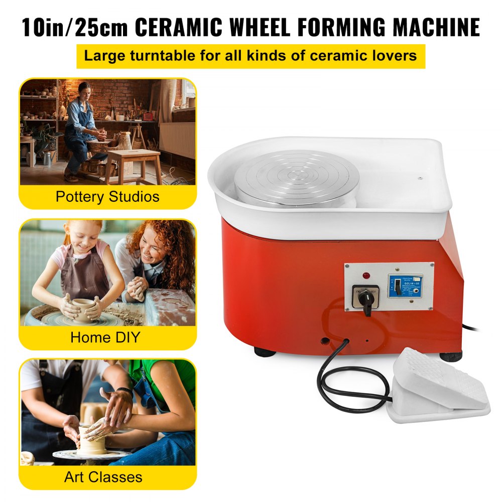 Red 25cm pottery wheel machine with 280W motor, foot pedal, splash basin, and sculpting tools.