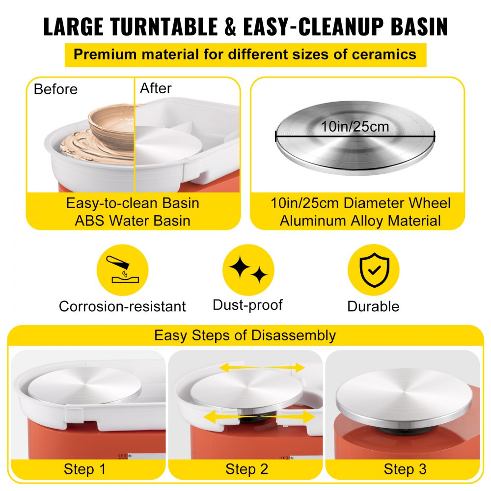 Pottery wheel machine with 25cm aluminum alloy turntable, ABS basin, and sculpting tools.
