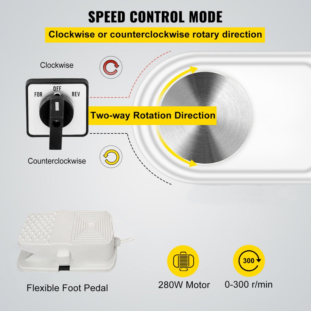 A pottery wheel machine with a control panel, foot pedal, and specifications for motor power and speed.