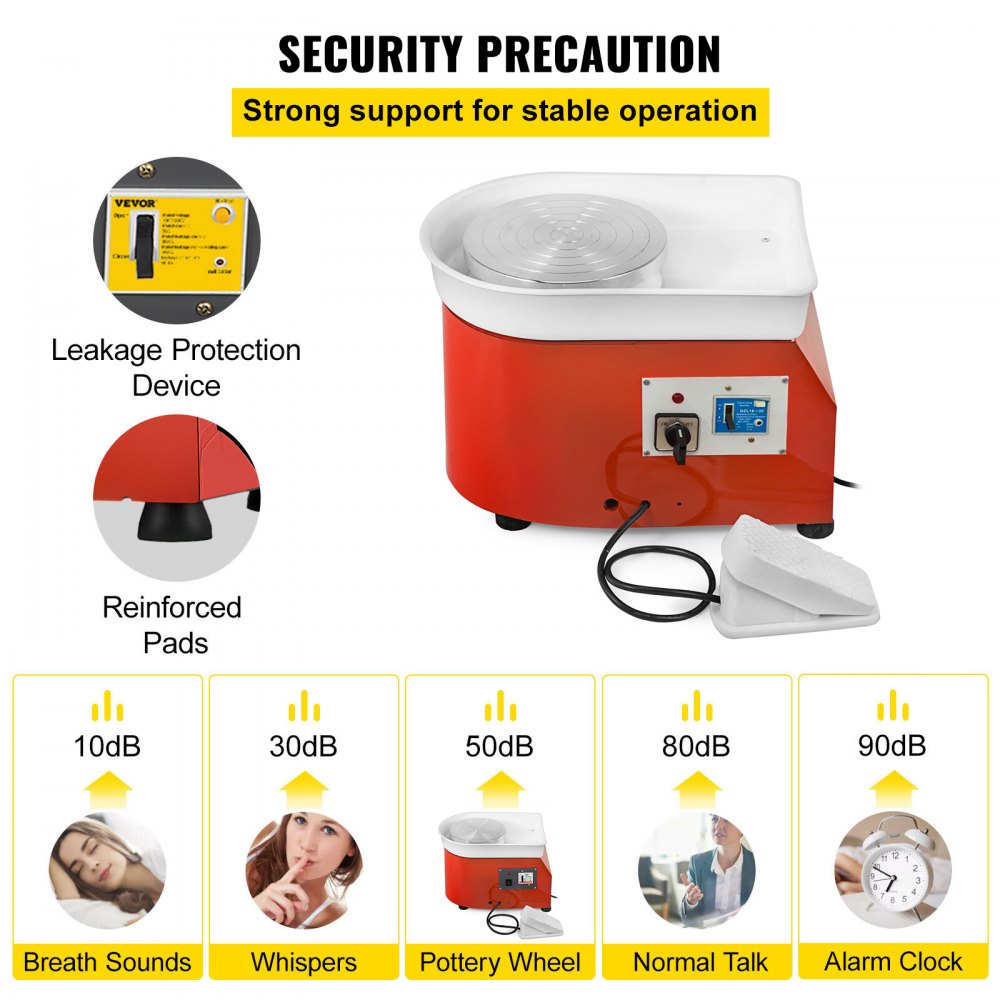 Red pottery wheel machine with 25cm turntable, foot pedal, splash basin, tools, and noise level icons.