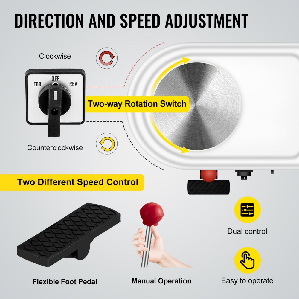 Diagram of electric pottery wheel controls: two-way rotation switch and dual speed foot pedal.