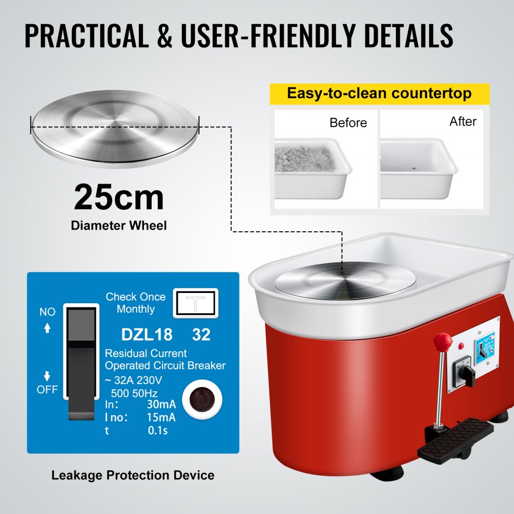 Red and white electric pottery wheel with 25cm aluminum wheel and foot pedal control.