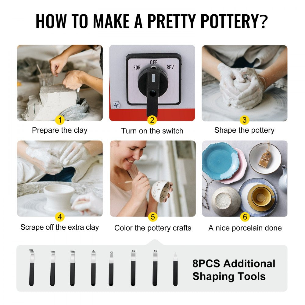 Electric pottery wheel with foot pedal, clay shaping, coloring, and eight shaping tools shown.