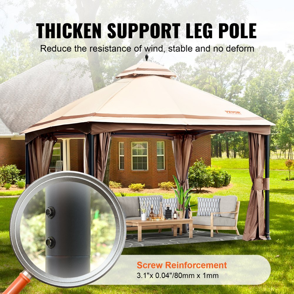 Patio Gazebo for 10-12 Person, 10 x 13 FT Backyard Gazebo, with Mosquito Netting, Metal Frame, and PU Coated 180G Polyester, Outdoor Canopy Shelter for Patio, Backyard, Lawn, Garden, Deck