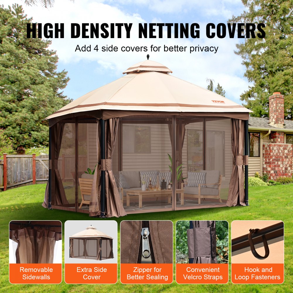 Patio Gazebo for 10-12 Person, 10 x 13 FT Backyard Gazebo, with Mosquito Netting, Metal Frame, and PU Coated 180G Polyester, Outdoor Canopy Shelter for Patio, Backyard, Lawn, Garden, Deck