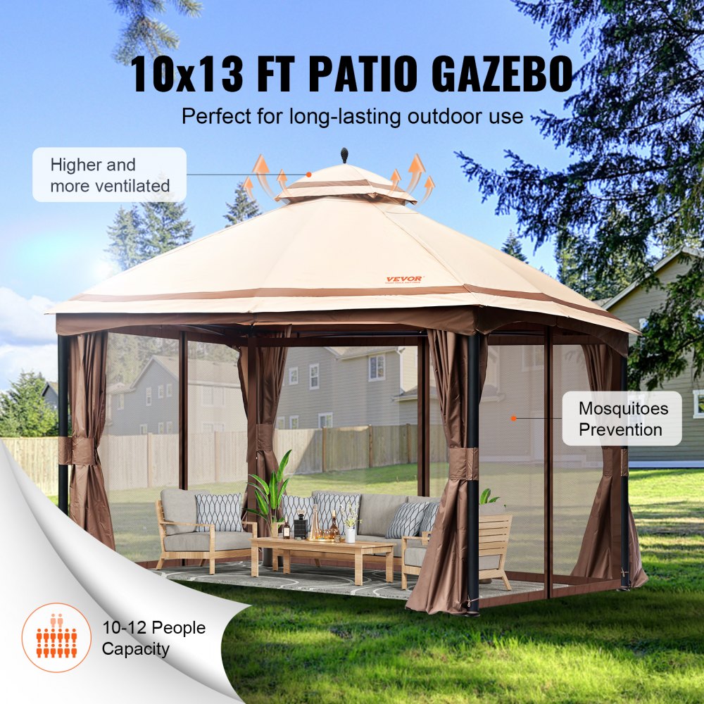 Patio Gazebo for 10-12 Person, 10 x 13 FT Backyard Gazebo, with Mosquito Netting, Metal Frame, and PU Coated 180G Polyester, Outdoor Canopy Shelter for Patio, Backyard, Lawn, Garden, Deck