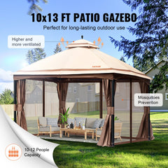 Patio Gazebo for 10-12 Person, 10 x 13 FT Backyard Gazebo, with Mosquito Netting, Metal Frame, and PU Coated 180G Polyester, Outdoor Canopy Shelter for Patio, Backyard, Lawn, Garden, Deck