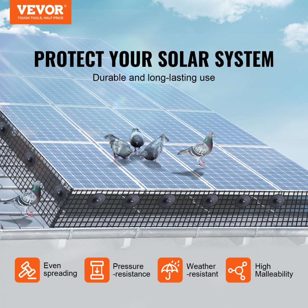Birds perched on a mesh guard protecting solar panels on a roof.