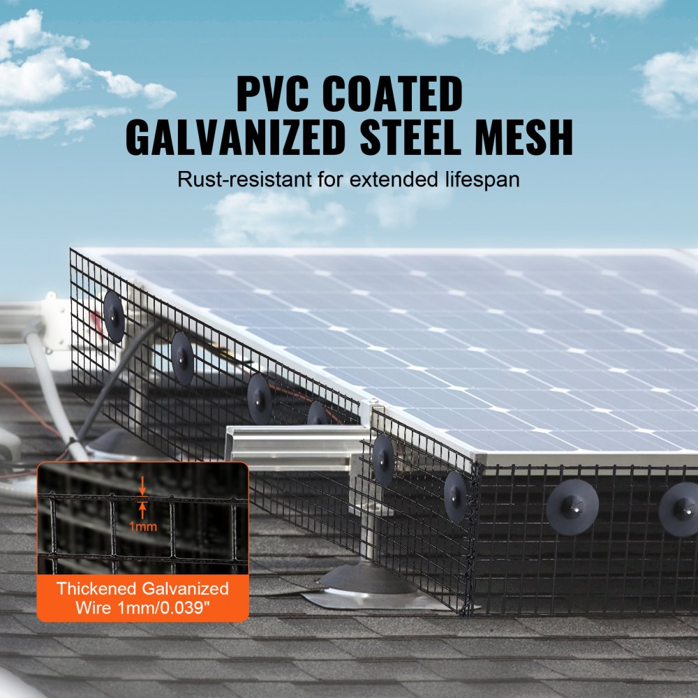 8in x 100ft PVC coated galvanized steel mesh bird guard for solar panels with stainless steel fasteners.
