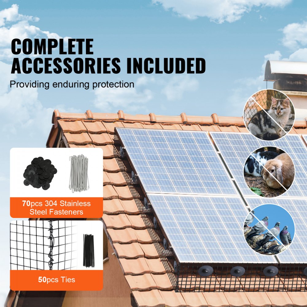 8in x 100ft PVC coated solar panel bird guard mesh with 70 stainless steel fasteners and 50 ties.