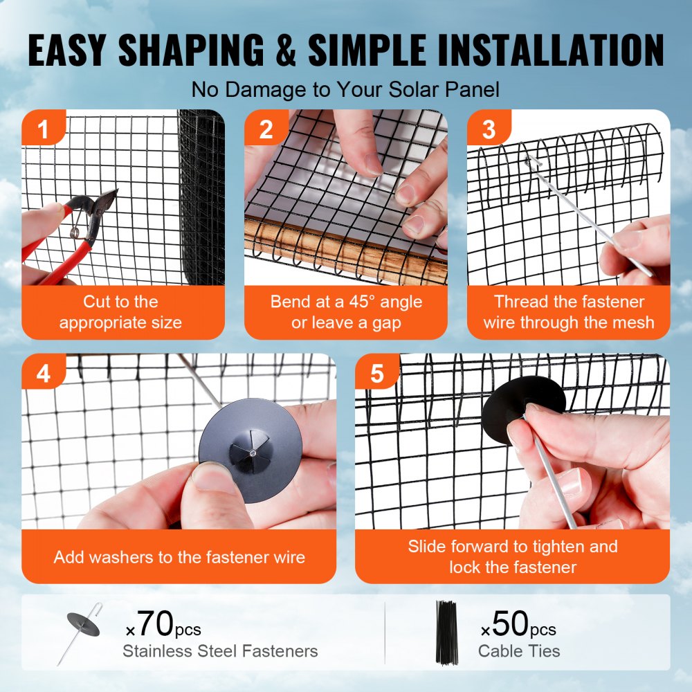 8in x 100ft PVC coated mesh solar panel bird guard with 70 stainless steel fasteners and 50 cable ties, shown in installation steps.
