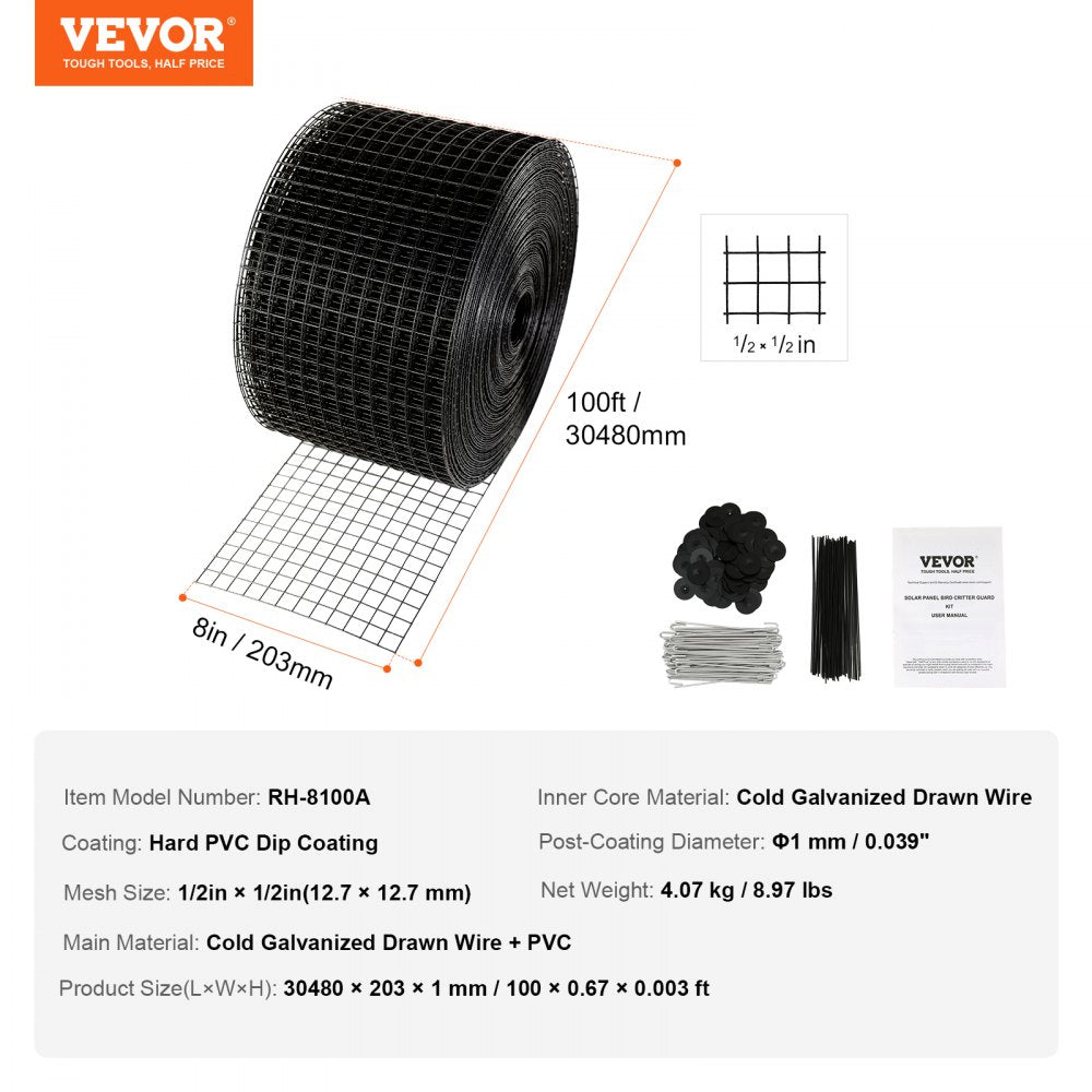 8in x 100ft PVC coated galvanized mesh bird guard roll with stainless steel fasteners.