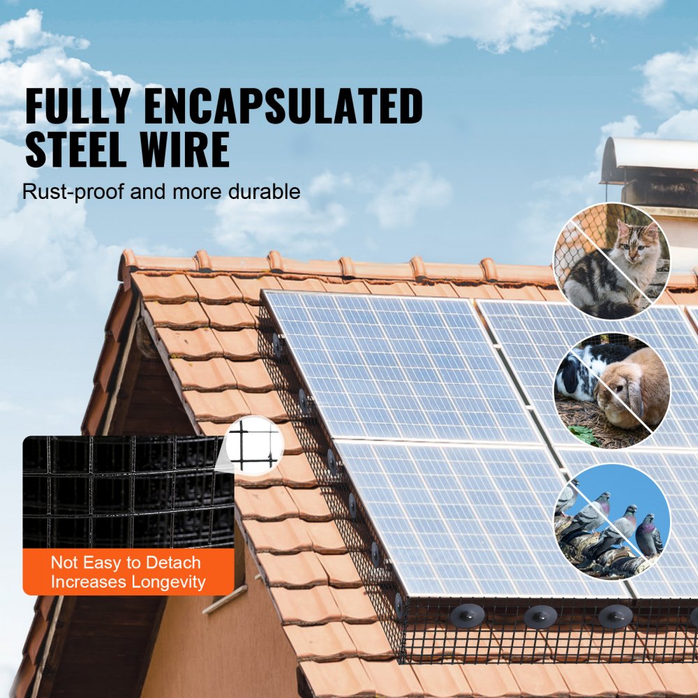 Bostome Solar Panel Bird Guard is an 8"x100' PVC coated critter mesh for protecting solar panels.