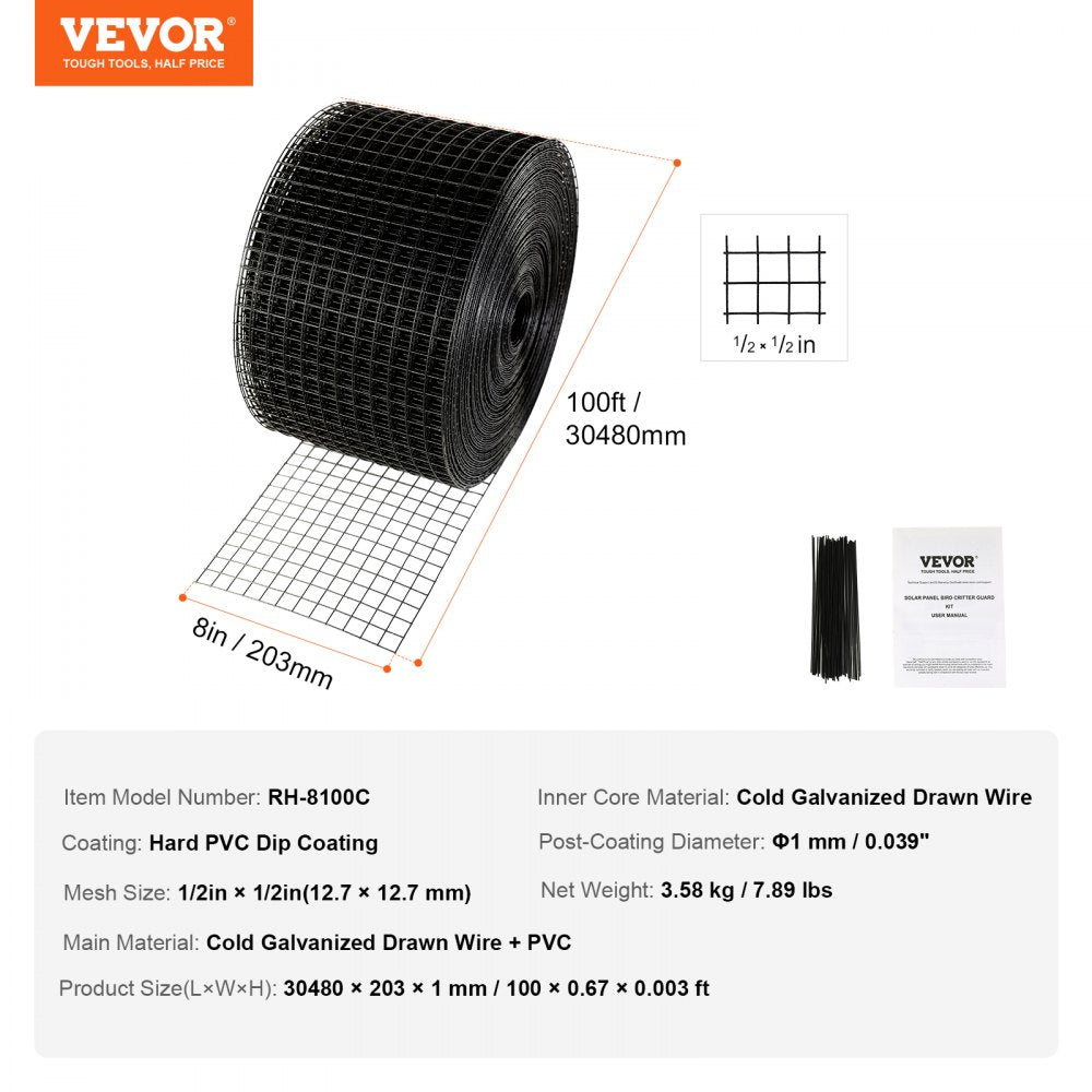 Bostome Solar Panel Bird Guard is an 8"x100' PVC coated critter mesh for protecting solar panels.