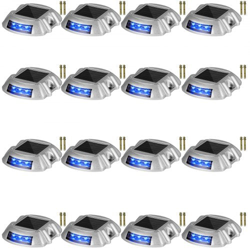 Bostome Solar Driveway Lights 16-Pack with blue LED bulbs in durable aluminum housing.