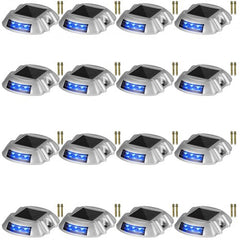 Bostome Solar Driveway Lights 16-Pack with blue LED bulbs in durable aluminum housing.